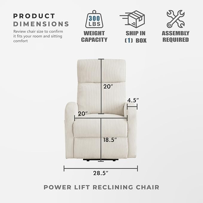 Lexicon Power Lift Recliner Chair for Elderly with Remote Control, Gentle Lift Motion, Side Pocket Armrest, Corduroy Upholstered Electric Recliner for Living Room/Bedroom, Easy Assembly, Beige