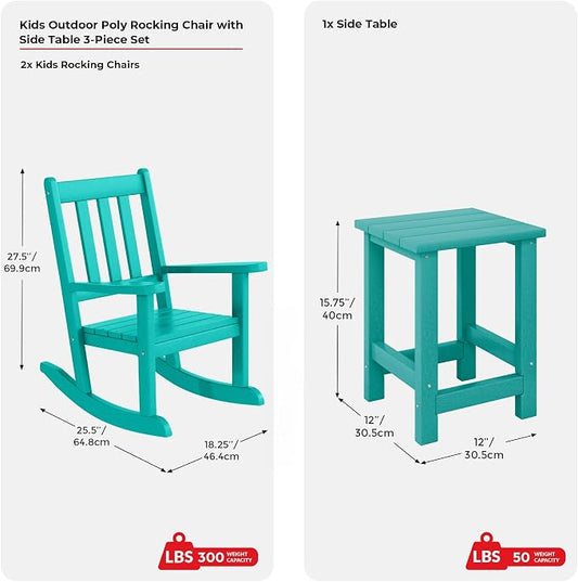 Costaelm Paradise Kids 3-Piece Outdoor HDPE Plastic Square Side Table and Rocking Chairs Set, Turquoise