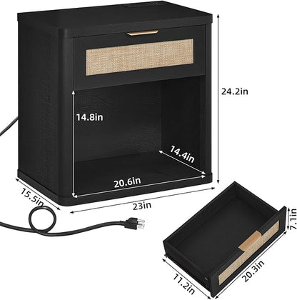 LEYAOYAO Rattan Nightstand with Charging Station, Black Night Stand with Drawer, 23" Wide Boho Bedside Table with Storage Shelf, Bed Side End Tables for Bedroom, Living Room, Hallway
