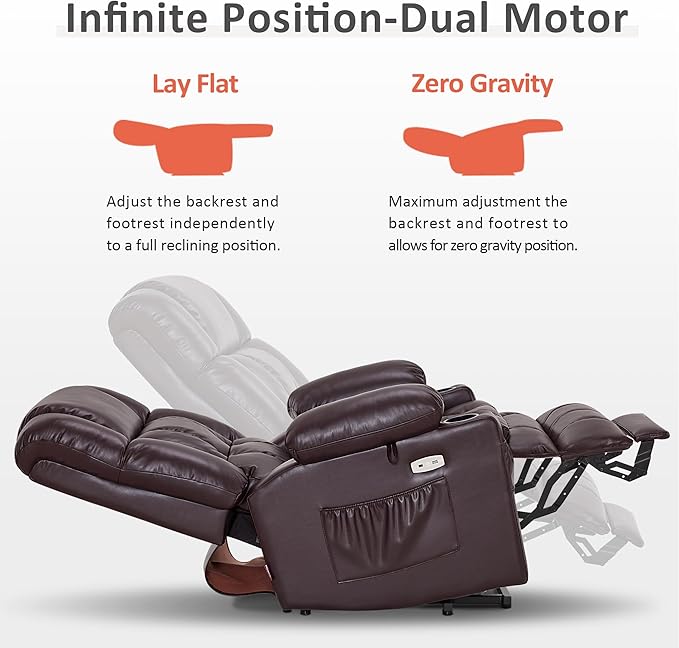 MCombo Large Dual Motor Power Lift Recliner Chair for Elderly, Zero Gravity Lift Chair with Heat and Massage, Infinite Position Lay Flat Recliner, USB Ports, Faux Leather 7896 (Dark Brown, Large)