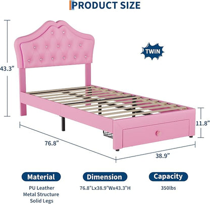 Twin Size Bed Frame for Girls with Storage Drawers & LED Lights, Upholstered Platform Bed, Velvet Crystal Button Princess Bed, Noise-Free Slats, No Box Spring Needed for Kids, Teens, Pink