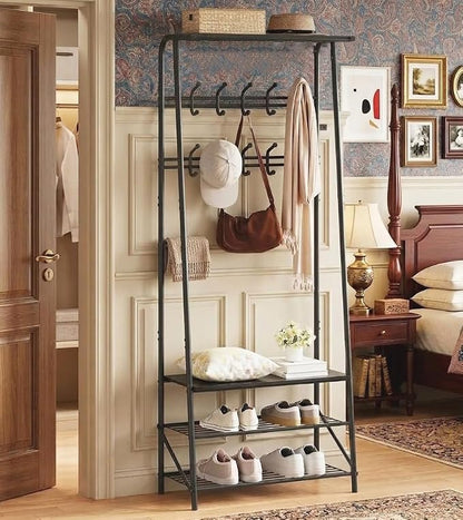 OUTLANE Entryway Hall Tree with 10 Hooks, Shoe Bench & Storage Shelf, Coat Rack Organizer with Wood Accents and Metal Frame for Entryway, Living Room, Bedroom, Black-Double row