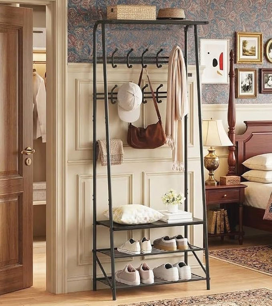 OUTLANE Entryway Hall Tree with 10 Hooks, Shoe Bench & Storage Shelf, Coat Rack Organizer with Wood Accents and Metal Frame for Entryway, Living Room, Bedroom, Black-Double row