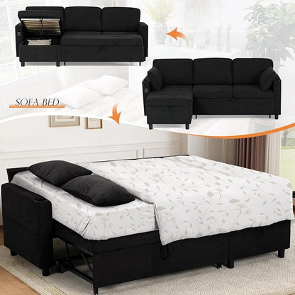 84" Fabric Sleeper Sofa Bed w/Adjustable Backrests, L-Shaped Sectional Sofa Bed w/USB Port & Thickened Cushions, Convertible Pull Out Couch Bed w/Storage Bags for Living Room, Black