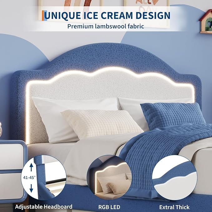 IDEALHOUSE Full Bed Frame with LED Headboard and Under-Bed Drawer, Boucle Fabric Upholstered Platform Bed with LED Light for Kids, Girls, Wooden Slats Support, No Box Spring Needed, Blue