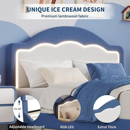 IDEALHOUSE Full Bed Frame with LED Headboard and Under-Bed Drawer, Boucle Fabric Upholstered Platform Bed with LED Light for Kids, Girls, Wooden Slats Support, No Box Spring Needed, Blue