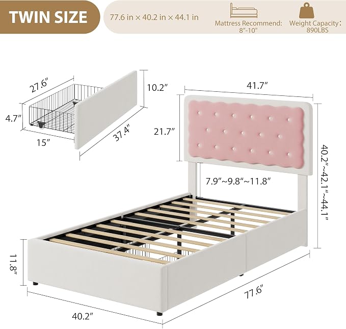 Garvee Twin Bed Frame with Biscuit Tufted Velvet Headboard, Cream White & Pink Upholstered Platform Bed with 2 Storage Drawers, Sturdy Wood Slats, No Box Spring Needed, Easy Assembly