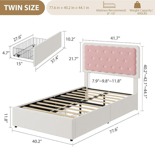 Garvee Twin Bed Frame with Biscuit Tufted Velvet Headboard, Cream White & Pink Upholstered Platform Bed with 2 Storage Drawers, Sturdy Wood Slats, No Box Spring Needed, Easy Assembly