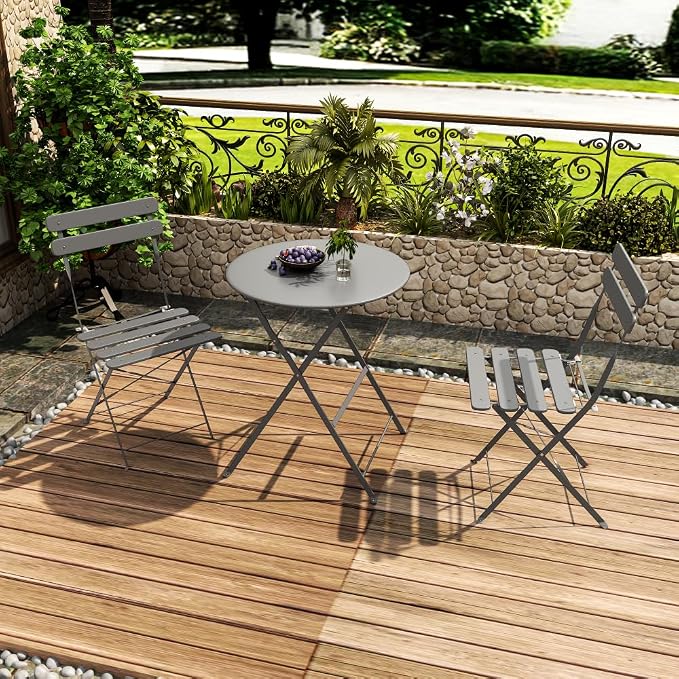 Bistro Table Set, 3 Piece Grey Folding Patio Furniture Set with 2 Chairs and Coffee Table Outdoor Indoor Balcony Seating for Garden Yard Patio Porch