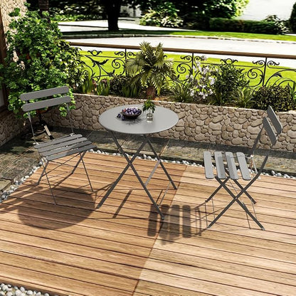 Bistro Table Set, 3 Piece Grey Folding Patio Furniture Set with 2 Chairs and Coffee Table Outdoor Indoor Balcony Seating for Garden Yard Patio Porch