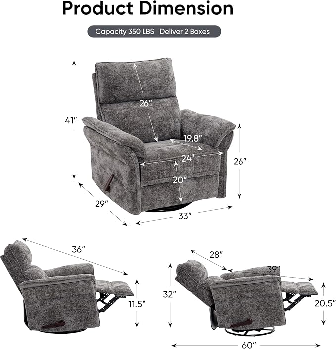 Rocking Chair Nursery with Adjustable Headrest,Manual Swivel Rocker Recliner Nursery Chair with Overstuffed Armrest,Glider Rocker Recliner for Living Room & Bedroom,Grey