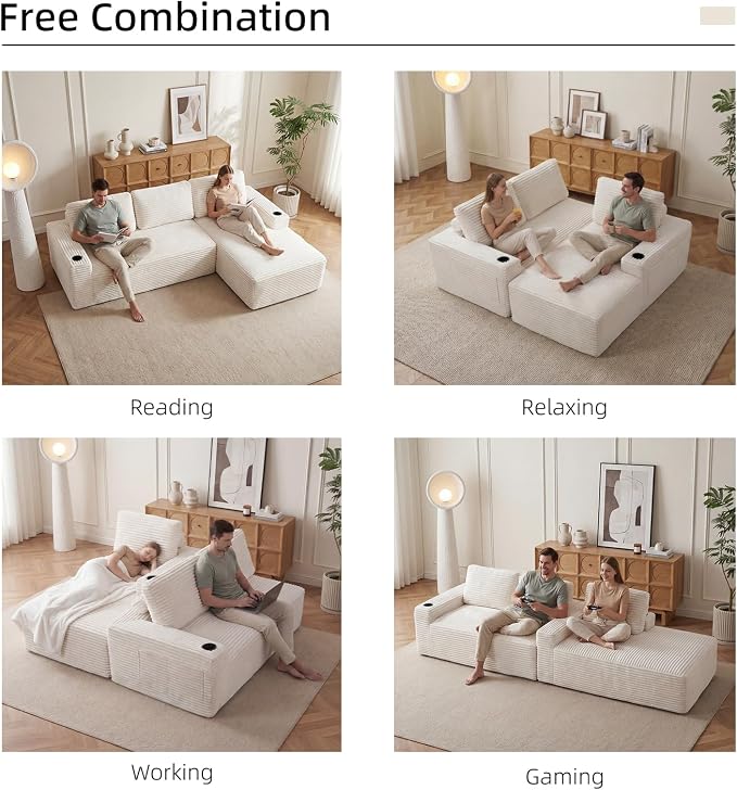 104" L Shaped Boneless Sectional Couches for Living Room, Comfy Corduroy Floor Cloud Sofa with Chaise and Cup Holder, Wide Armrest, Deep Seat, Assembly Free, Ideal for Small Spaces, Beige