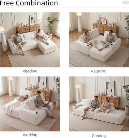 104" L Shaped Boneless Sectional Couches for Living Room, Comfy Corduroy Floor Cloud Sofa with Chaise and Cup Holder, Wide Armrest, Deep Seat, Assembly Free, Ideal for Small Spaces, Beige