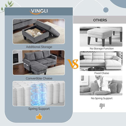 VINGLI 68.5' L Shaped Couch with Movable Storage Ottoman, Convertible Sectional Sofa in Soft Corduroy Fabric, Modern Reversible Chaise Couch for Small Spaces, Apartment, Living Room，Grey