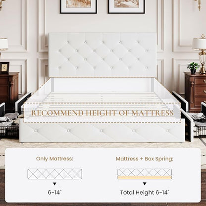 SHA CERLIN Full Size Platform Bed Frame with 4 Oversized Storage Drawers, Adjustable Headboard with Velvet Upholstery, Square Button Tufted Design, Wooden Slat Support, No Box Spring Needed, White