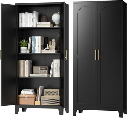 Zevemomo 61" H Metal Kitchen Pantry Cabinet, Freestanding Cupboard with 2 Doors and 3 Adjustable Shelves, Tall Metal Storage Cabinet for Kitchen, Bathroom, Dinning Room or Laundry Room （Black）