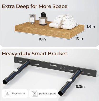 Fun Memories Floating Shelves for Wall 16 Inch Set of 3, Farmhouse Floating Shelves with Invisible Heavy Duty Bracket, 10 Inch Deep Bathroom Shelves for Storage, Living Room, Kitchen, Decor, Oak