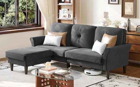 Welzona Sofas for Living Room, 83" Velvet Sectional Couch with Moveable Ottoman, Midcentury Modern Small Sectional Couch, L Shape Sofa & 2 Seater, Couches for Living Room, Apartment, Bedroom, Grey