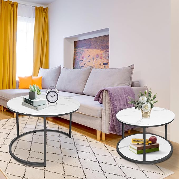 AT-VALY Coffee Table Set of 2 Nesting Tables,Round Side Table for Living Room, Small Accent Table with Storage (Black)