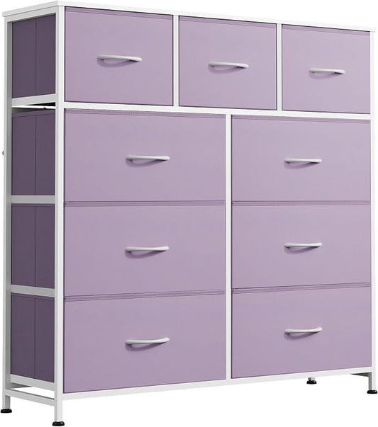 WLIVE 9 Drawer Dresser, Fabric Storage Tower for Bedroom, Hallway, Closet, Tall Chest Organizer Unit for Bedroom with Fabric Bins, Steel Frame, Wood Top, Easy Pull Handle, Purple