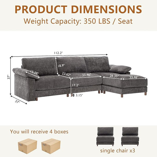 Oversized L Shaped Sectional Couch for Living Room, Extra Large Deep Seat Modular Sectional Sofa with Washable Covers, Modern Cloud Couch for Apartment, Bedroom (Gray, L Shape 4 Seat)