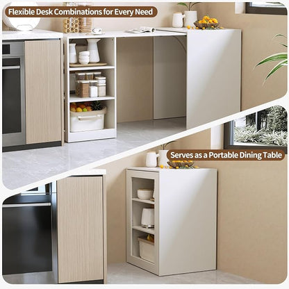 58" Office Desk with Pull Out Table on Hidden Wheels, Computer Desk with 3-Tier Open Shelves, Folding Desks for Small Spaces, as Kitchen Island, Bar(White)