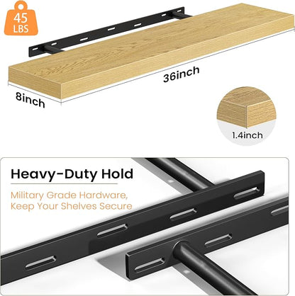 Fun Memories 36 Inch Floating Shelves - Deep Rustic Wooden Wall Shelves - Extra Deeper & Thicker Wall Mounted Storage Shelf for Bedroom, Kitchen, Farmhouse - 2 Pack, Oak