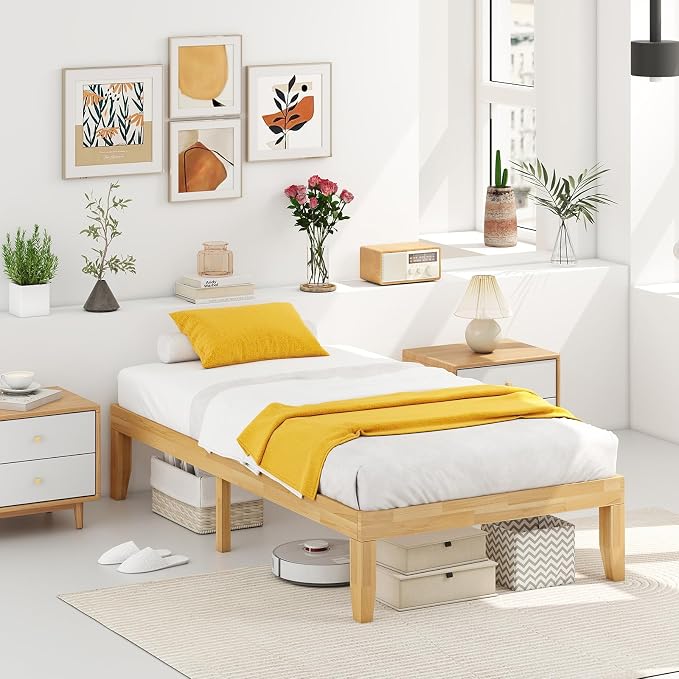 KOMFOTT 14 Inches Wood Platform Bed Frame Twin Size, Wooden Mattress Foundation with Rubber Wood Frame, Strong Slat Support, No Box Spring Needed, Bed Frame (Natural)