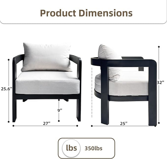 Outdoor Furniture Set, 2Pcs Patio Armchairs, Metal Modern Outside Furniture with 6'' Thick Cushions, Outdoor Conversation Set Balcony Chairs for Backyard, Porch,Deck, White