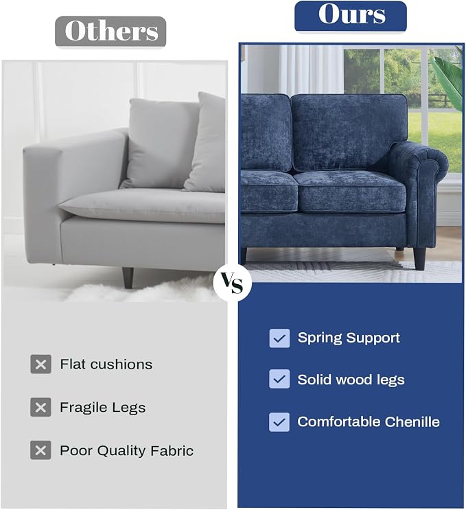 Kingfun 3 Seater Couch, Mid Century Modern Sofa with Rolled Arms and Deep Seats, Fluffy Comfort for Living Room, Apartment, Easy Assembly, Blue
