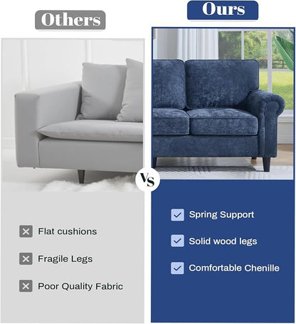 Kingfun 3 Seater Couch, Mid Century Modern Sofa with Rolled Arms and Deep Seats, Fluffy Comfort for Living Room, Apartment, Easy Assembly, Blue