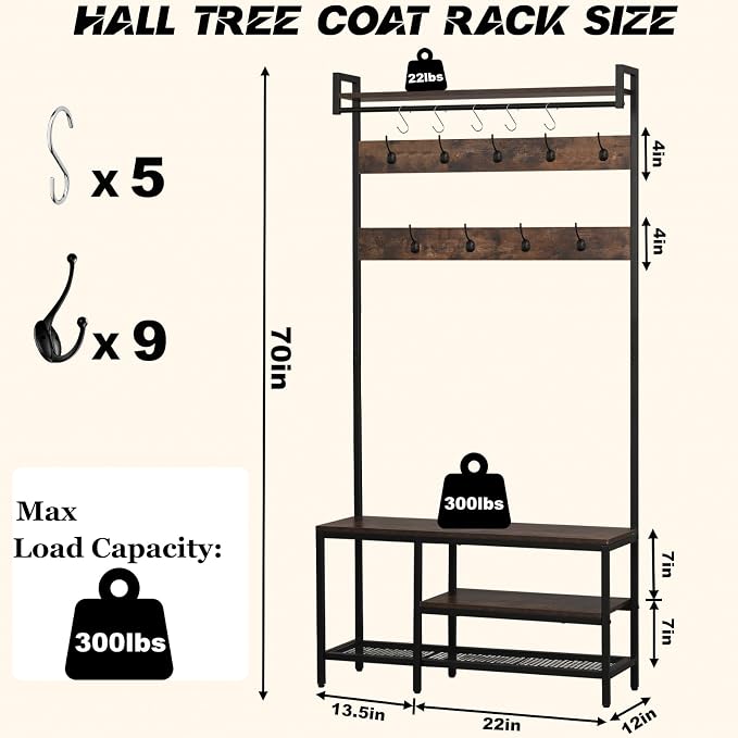 5-in-1 Coat Rack freestanding for Entryway, 71’’ Wooden Hall Tree Bench with Shoes Storage, Industrial Entrance Organizer with 14 Hooks for Hallway Living Room and Bedroom (Brown)