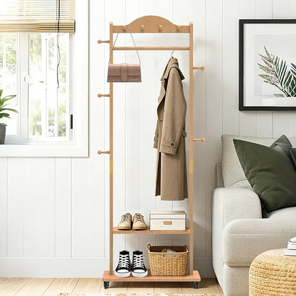 Wood Clothes Rack with Storage, 2 Shelves, 9 Hooks, Garment Rack with wheels, Coat Rack Freestanding, Clothing Rack Heavy Duty Hall Tree for Living Room Hallway,835 Natural