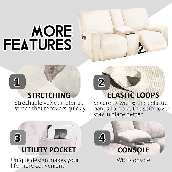 ULTICOR Reclining Love Seat with Middle Console Slipcover, 8-Piece Velvet Stretch Loveseat Reclining Sofa Covers, 2 seat Love seat Recliner Cover, Thick, Soft, Washable, Love seat Slipcovers (Ivory)