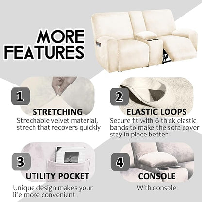 ULTICOR Reclining Love Seat with Middle Console Slipcover, 8-Piece Velvet Stretch Loveseat Reclining Sofa Covers, 2 seat Love seat Recliner Cover, Thick, Soft, Washable, Love seat Slipcovers (Ivory)