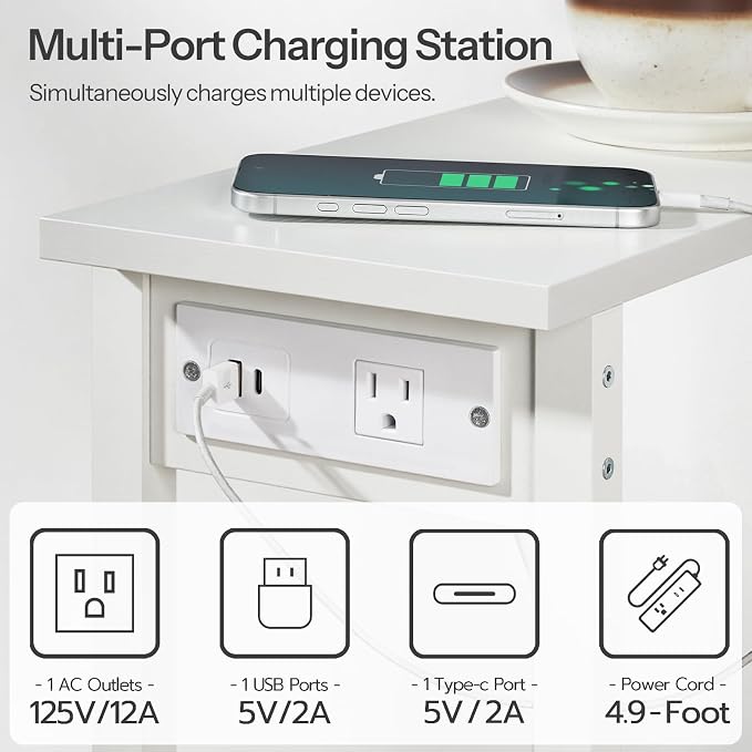HOOBRO Narrow Side Table, 2-Tier Slim End Table with Charging Station, Skinny Nightstand with Open Storage, for Small Spaces, Living Room, Bedroom, Study, White WT240UBZ01