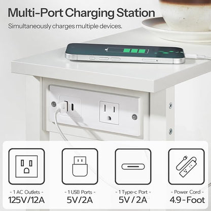 HOOBRO Narrow Side Table, 2-Tier Slim End Table with Charging Station, Skinny Nightstand with Open Storage, for Small Spaces, Living Room, Bedroom, Study, White WT240UBZ01