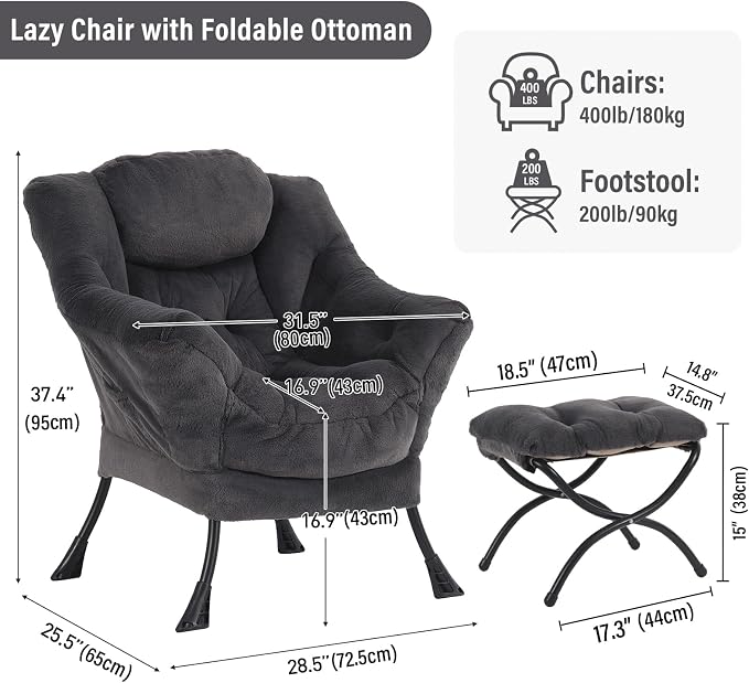 Furlide Lazy Chair with Ottoman, Modern Accent Chair with Armrests and a Side Pocket, Plush Navy Accent Chairs, Reading Chairs, Oversized Armchairs for Bedroom, Study, Living Room, Courtyard