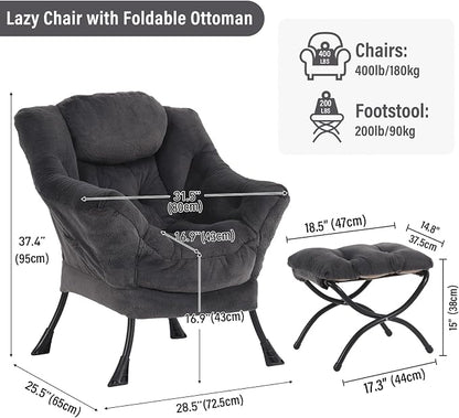 Furlide Lazy Chair with Ottoman, Modern Accent Chair with Armrests and a Side Pocket, Plush Navy Accent Chairs, Reading Chairs, Oversized Armchairs for Bedroom, Study, Living Room, Courtyard