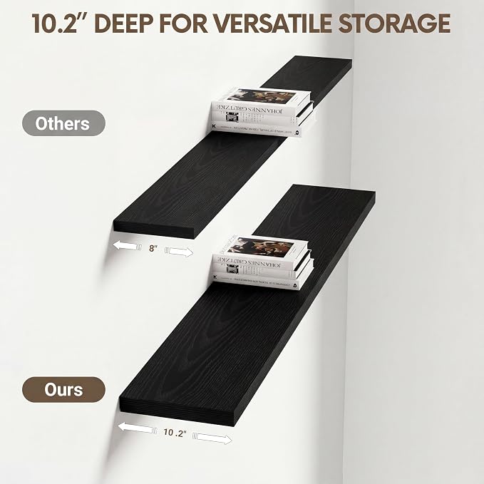 Vivelove 40 Inches Floating Shelves Wall Mounted, 10" Deep Wall Shelves for Bedroom, Bathroom, Living Room, Kitchen, Office, Home Decor, Modern Shelf, Set of 2, Black, 40x10.2x1.5