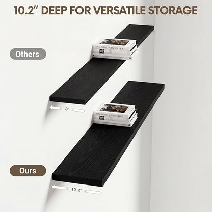 Vivelove 40 Inches Floating Shelves Wall Mounted, 10" Deep Wall Shelves for Bedroom, Bathroom, Living Room, Kitchen, Office, Home Decor, Modern Shelf, Set of 2, Black, 40x10.2x1.5