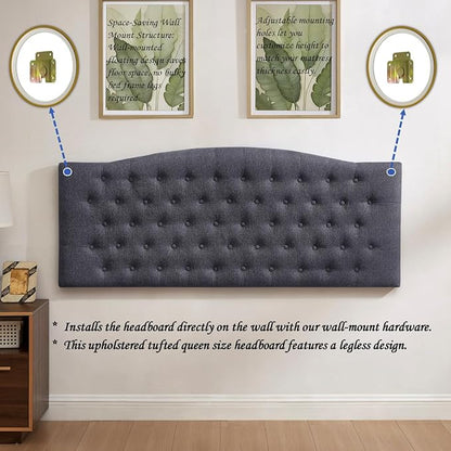 24KF Upholstered Tufted Button Wall Mounted Linen Headboard,Comfortable Fashional Headboard Queen/Full Size,6055-Q-Dark Gray