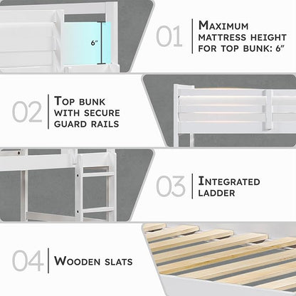 Lexicon Bunk Bed Twin Over Twin, Wooden Bed Frame with Sturdy Ladder and Safety Guard Rails, Modern Space-Saving Design, for Bedroom/Guest Room, No Box Spring Needed, White