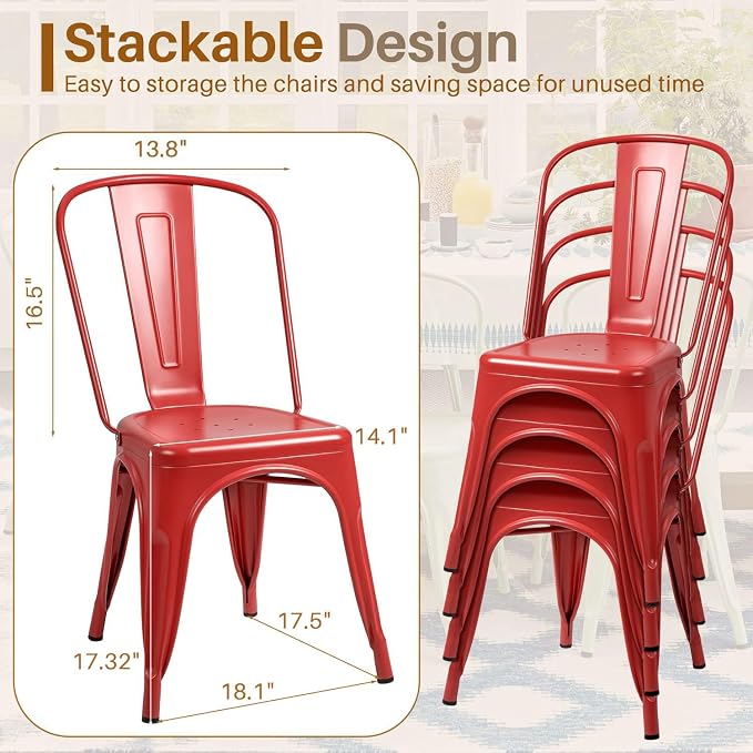 Furmax Metal Dining Chair Indoor Outdoor Use Stackable Classic Trattoria Chair Chic Dining Bistro Cafe Side Metal Chairs Set of 4 (Cerise)