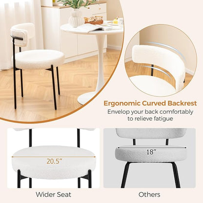 Giantex Boucle Dining Chairs Set of 2, Upholstered Round Kitchen Chair with Curved Backrest & Metal Legs, Modern Armless Side Chair, White Sherpa Accent Chairs for Dining Room