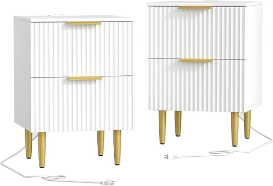 Akxomel White Nightstand Set of 2, Fluted Night Stand with Charging Station, 13.8" D x 15" W x 23.2" H, 2 Drawers Modern Bedside Table with USB Ports and Outlets, Golden Side Table for Bedroom