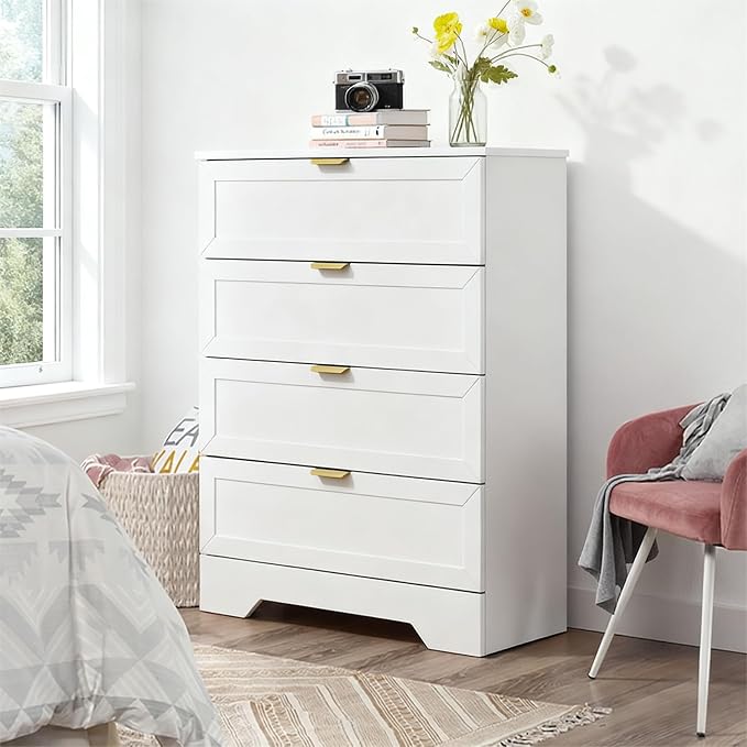 37-inches Tall Chest of Drawers, 4 Drawer Dresser for Bedroom, Wood Dresser with Large Drawers, Modern Storage Cabinet for Closet, Living Room, Entryway, White