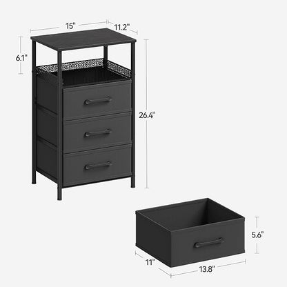 JARHETUN Nightstand Set of 2, Night Stands with 3 Fabirc Drawers, 26.4 Inch Tall Bedside Table with Metal Shelf, Modern Side End Table Storage Furniture, Small Dresser for Bedroom, Black