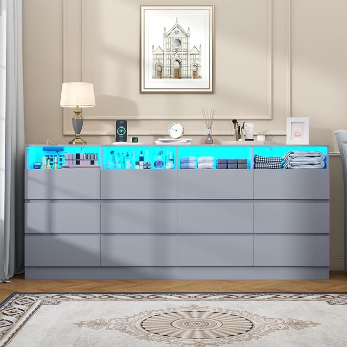Gyfimoie 6-Drawer Dresser with Divided Compartments, Charging Station & LED Lights, 63" Wide TV Stand for TVs up to 75", Large Organizer with 4 Open Cubbies, Light Grey (Light Grey, 6 Drawers)