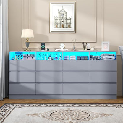 Gyfimoie 6-Drawer Dresser with Divided Compartments, Charging Station & LED Lights, 63" Wide TV Stand for TVs up to 75", Large Organizer with 4 Open Cubbies, Light Grey (Light Grey, 6 Drawers)